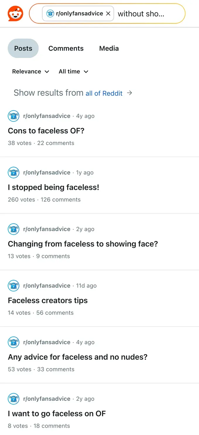 Reddit threads where creators discuss running a faceless OnlyFans without showing their face