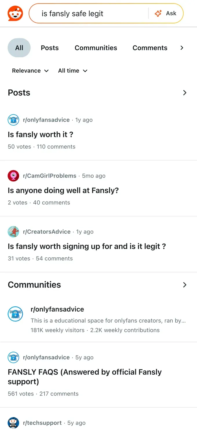 Reddit threads asking whether Fansly is safe and legit for creators