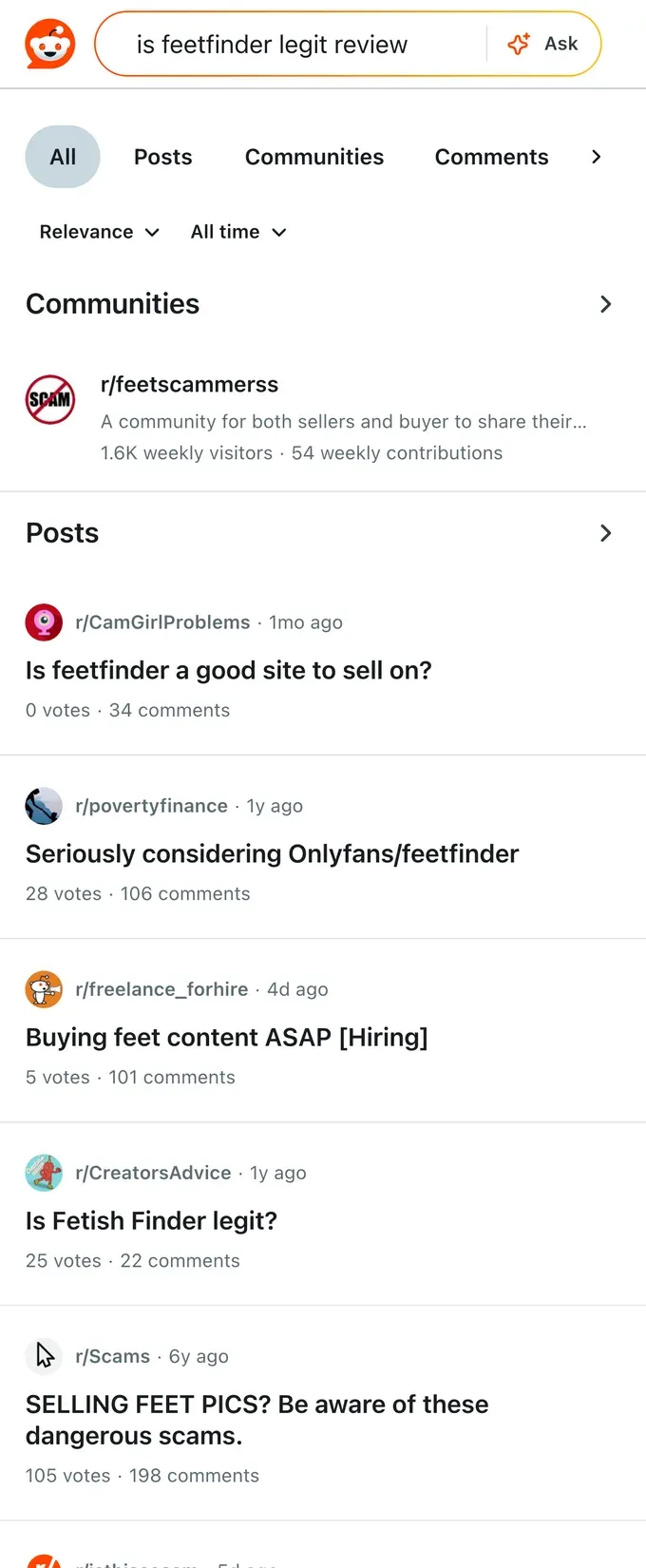 Reddit threads asking whether FeetFinder is legit and a good site to sell on