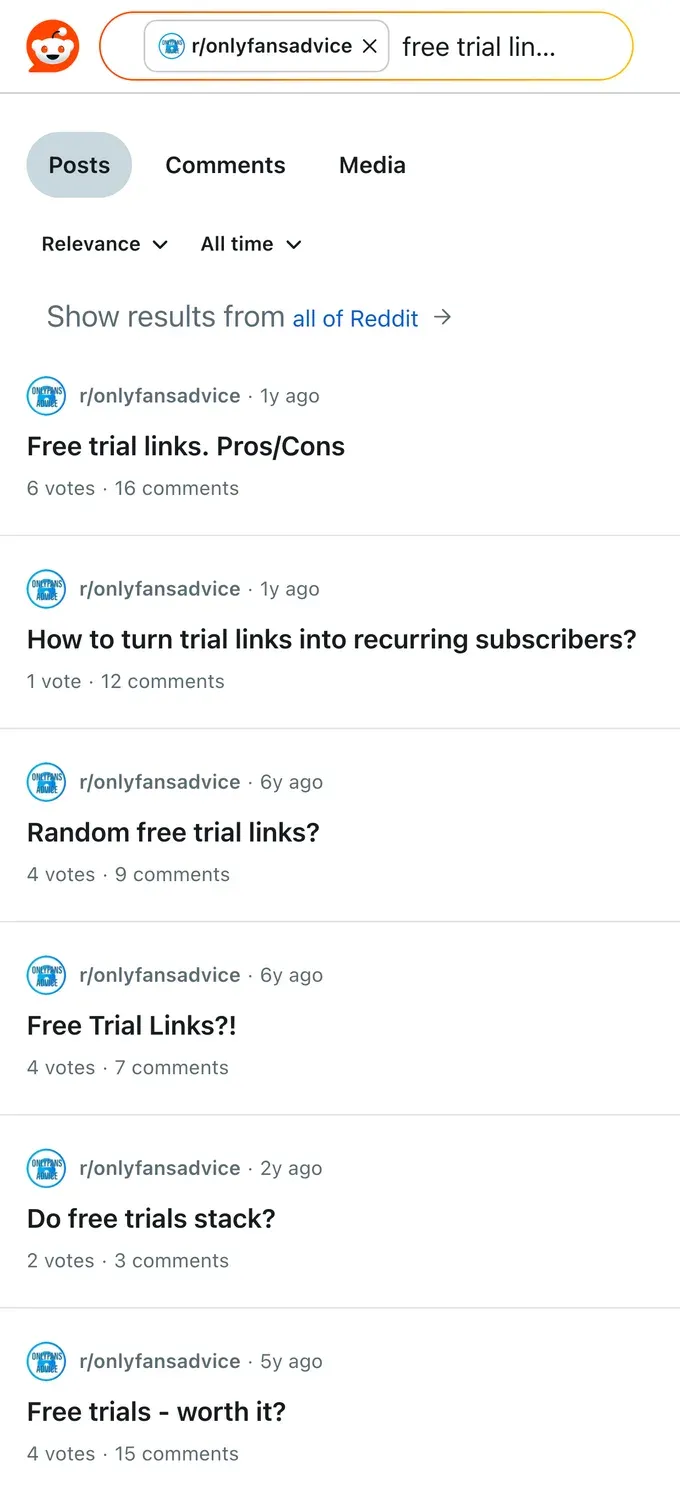 Reddit threads weighing the pros and cons of OnlyFans free trial links
