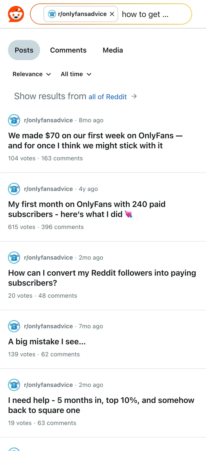Reddit search where creators ask how to get their first OnlyFans subscribers