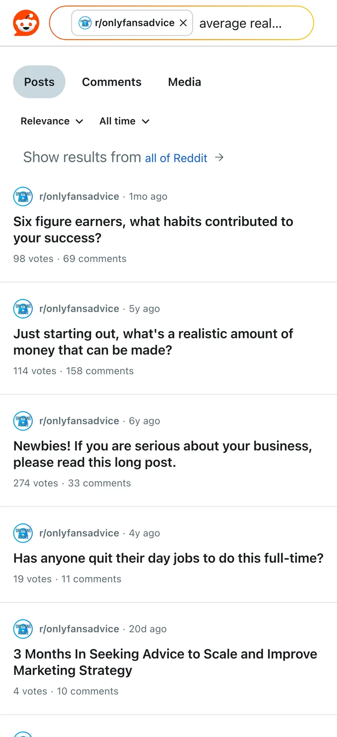 Reddit search about realistic OnlyFans income and earnings