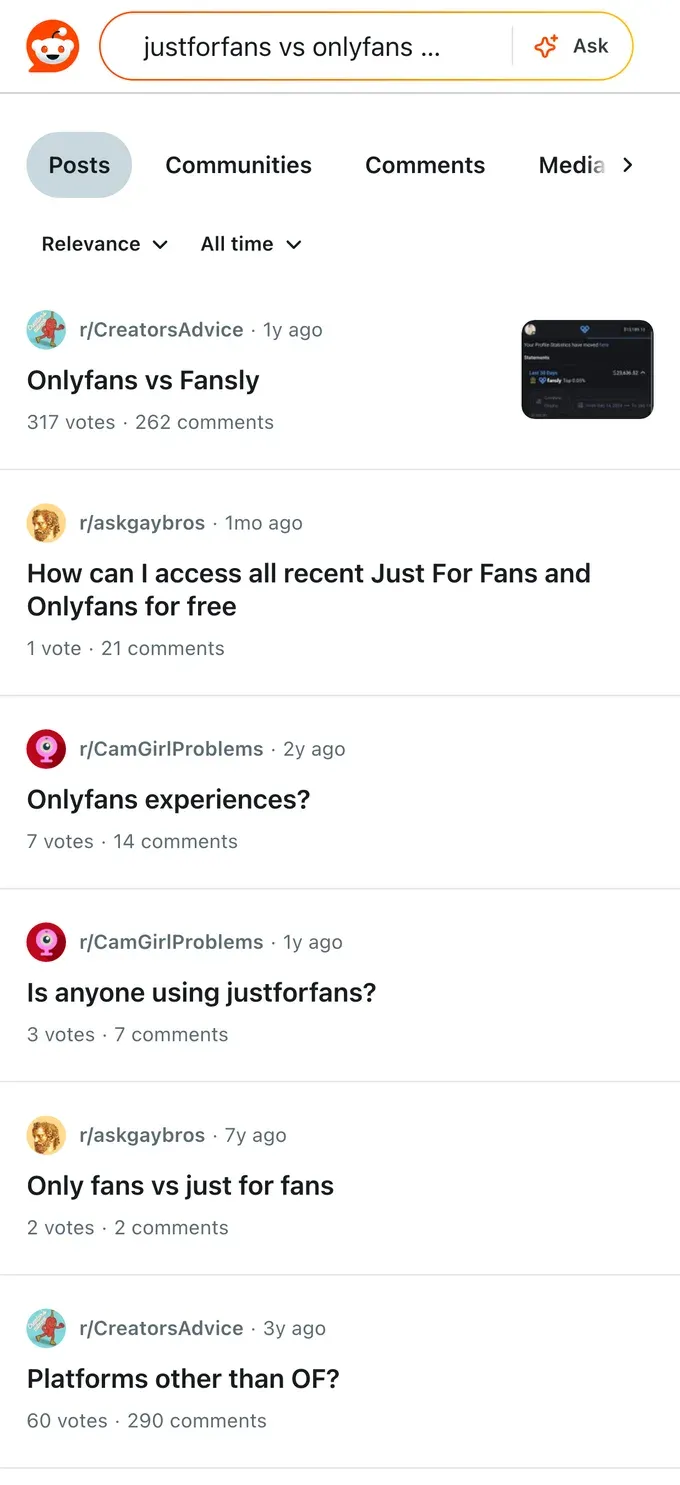 Reddit threads comparing JustForFans and OnlyFans from creators who use both