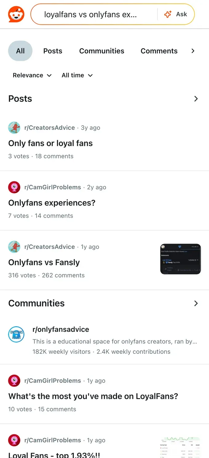 Reddit search results where creators compare OnlyFans with other creator platforms