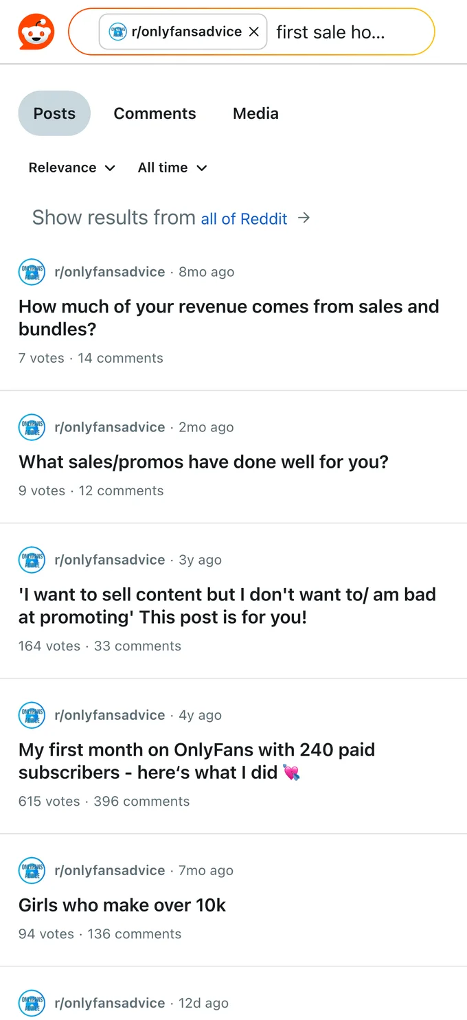 Reddit search where creators share how they made their first OnlyFans money