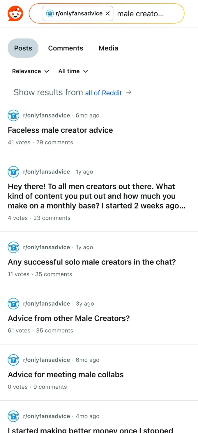 Reddit threads from male OnlyFans creators sharing earnings and advice