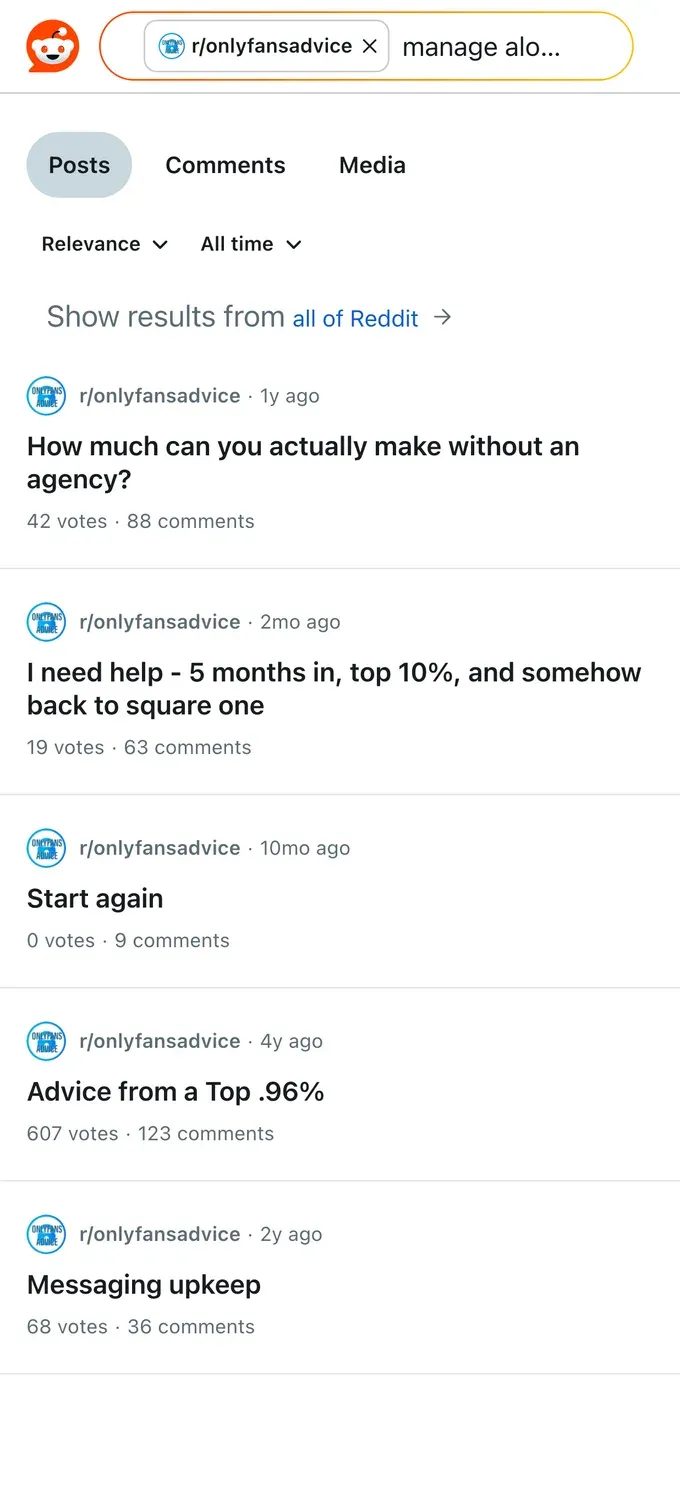 Reddit threads from solo creators on running OnlyFans without an agency and avoiding burnout