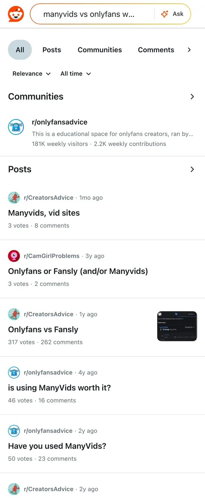 Reddit threads comparing ManyVids and OnlyFans and asking if ManyVids is legit
