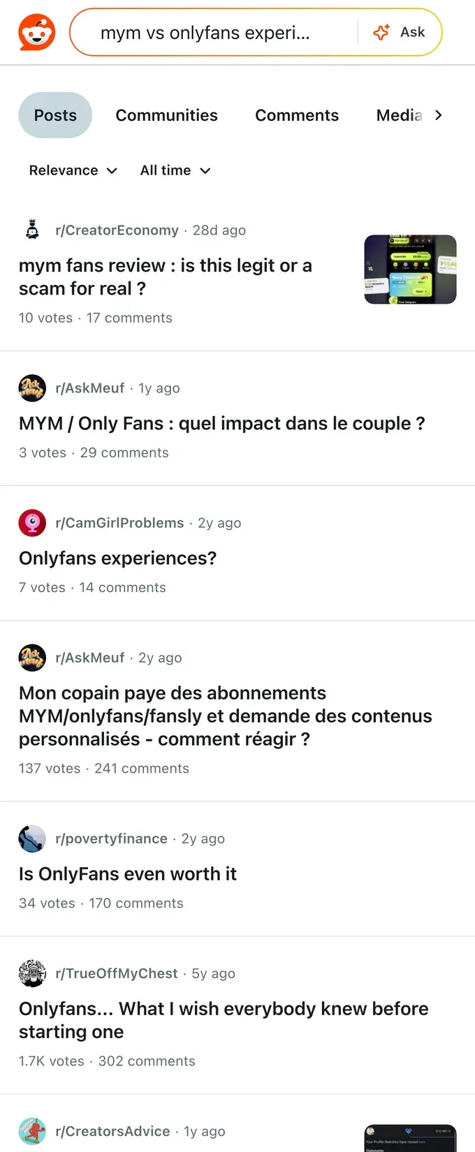 Reddit threads discussing MYM versus OnlyFans for creators