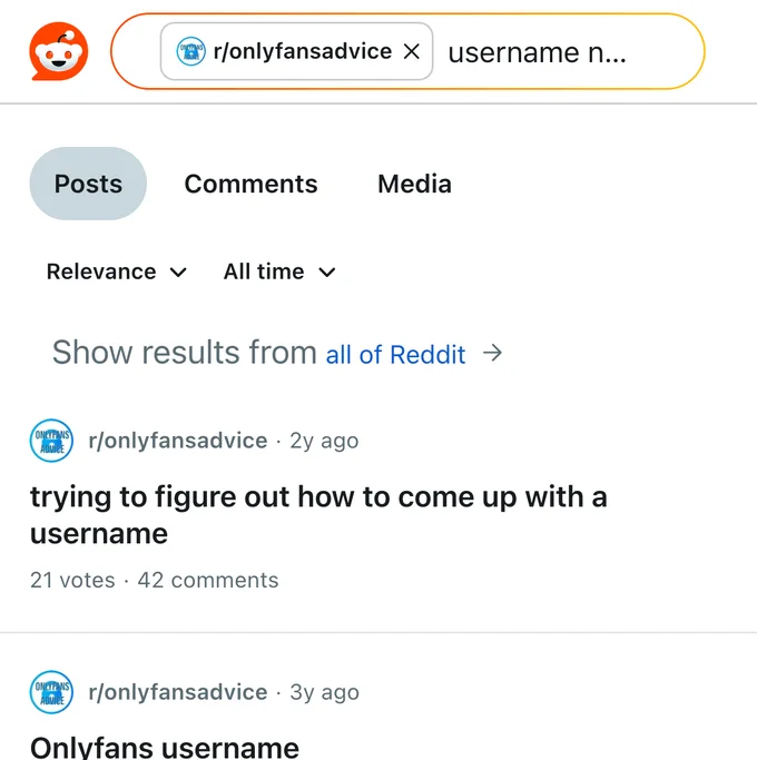 Reddit search where creators ask for OnlyFans username ideas