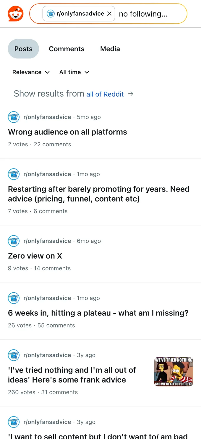 Reddit search about starting OnlyFans with no followers or audience