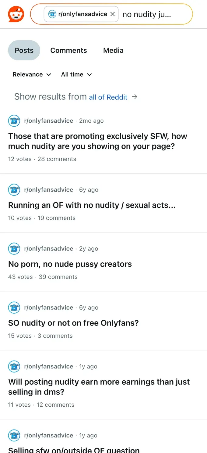 Reddit threads where creators discuss running an OnlyFans with photos only and no nudity