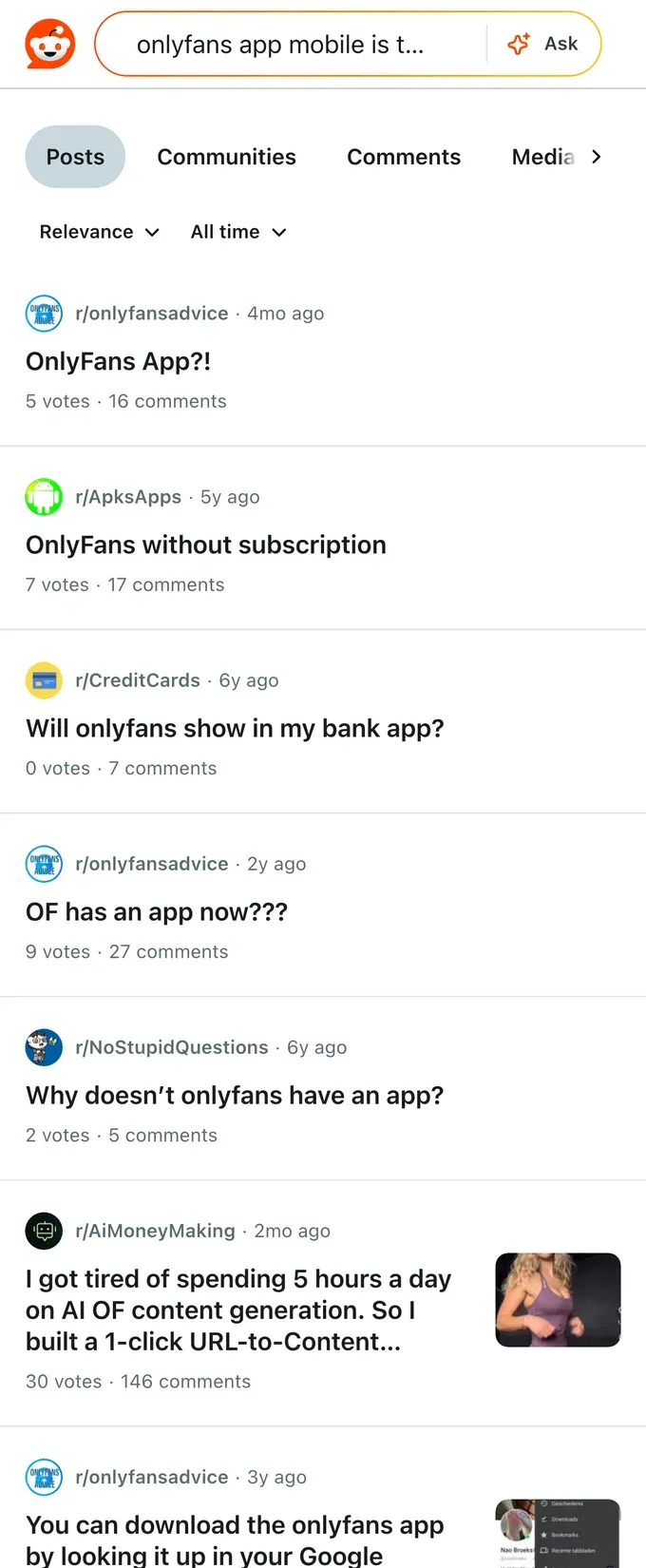 Reddit threads asking whether there is an official OnlyFans app and how to use it on a phone