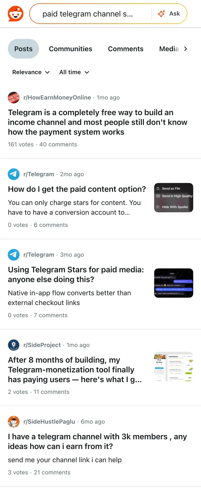 Reddit threads where creators discuss running a paid subscription Telegram channel