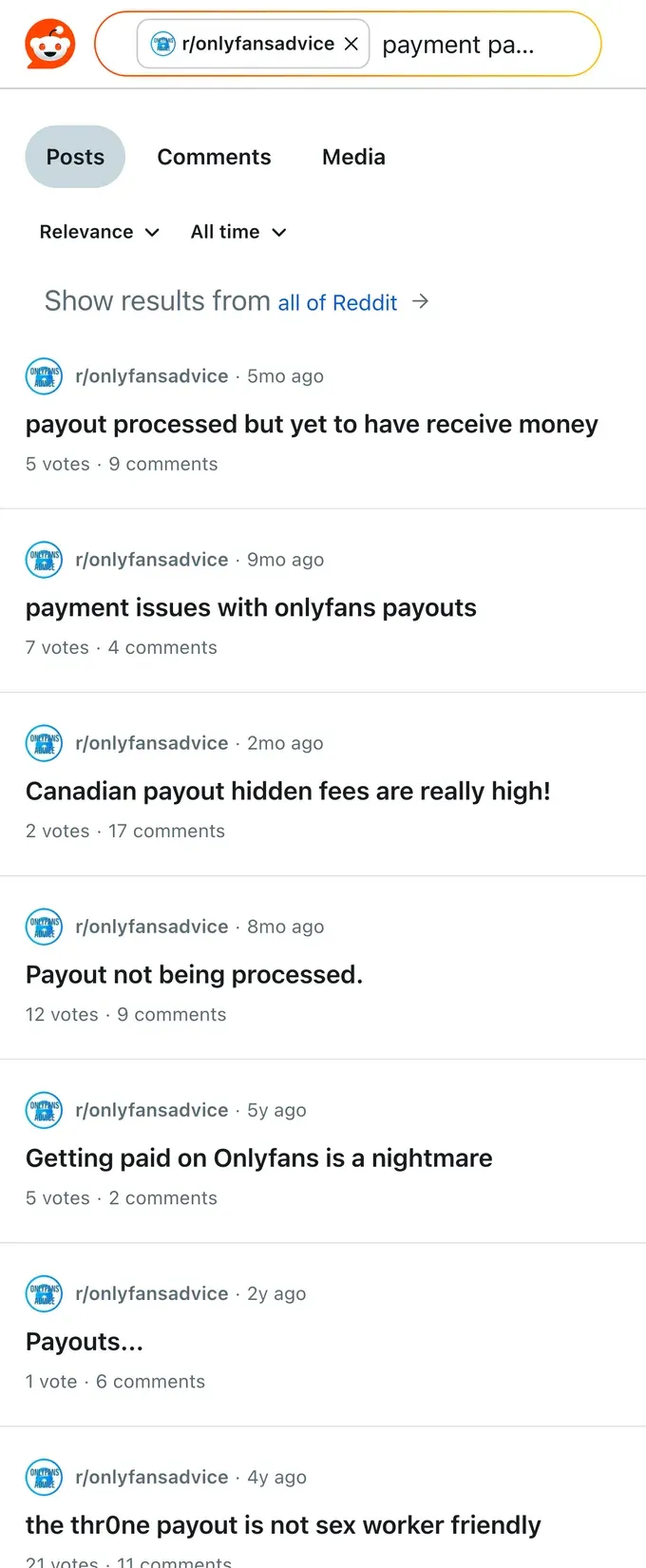 Reddit threads where creators discuss OnlyFans payouts, payment methods, and fees