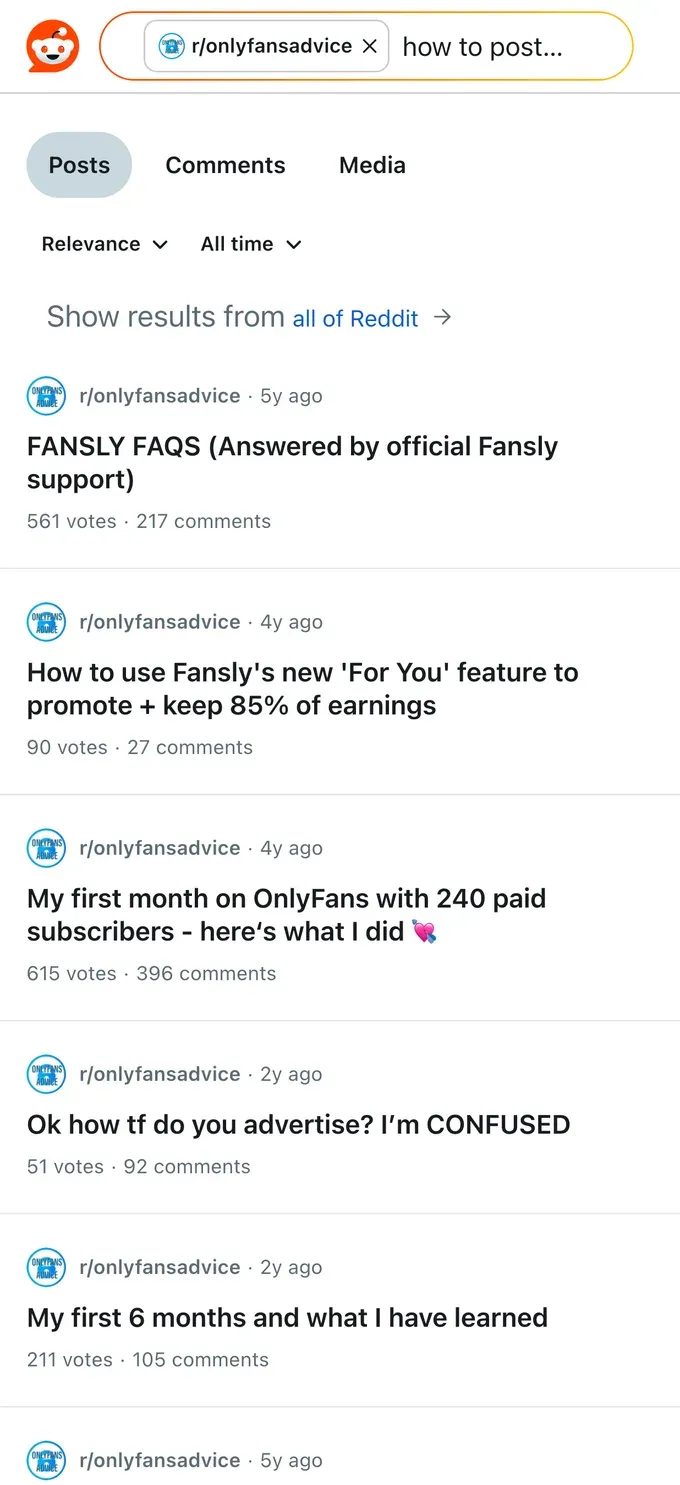 Reddit threads where creators discuss posting on Fansly, the For You feed, and the interface