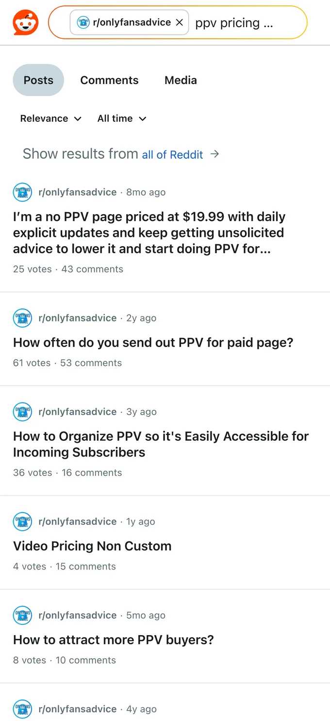 Reddit search in r/onlyfansadvice where creators discuss PPV pricing and how often to send