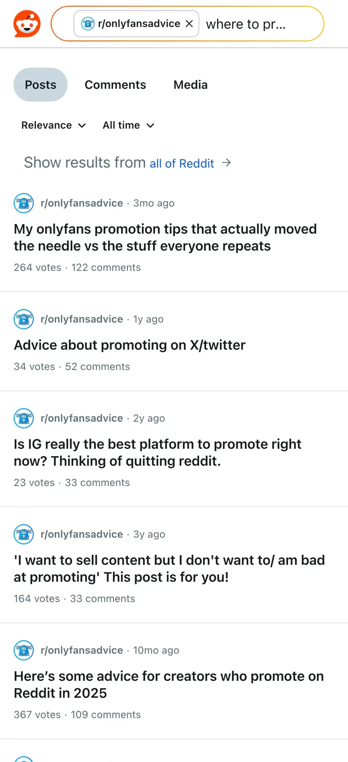 Reddit search full of real OnlyFans promotion advice threads