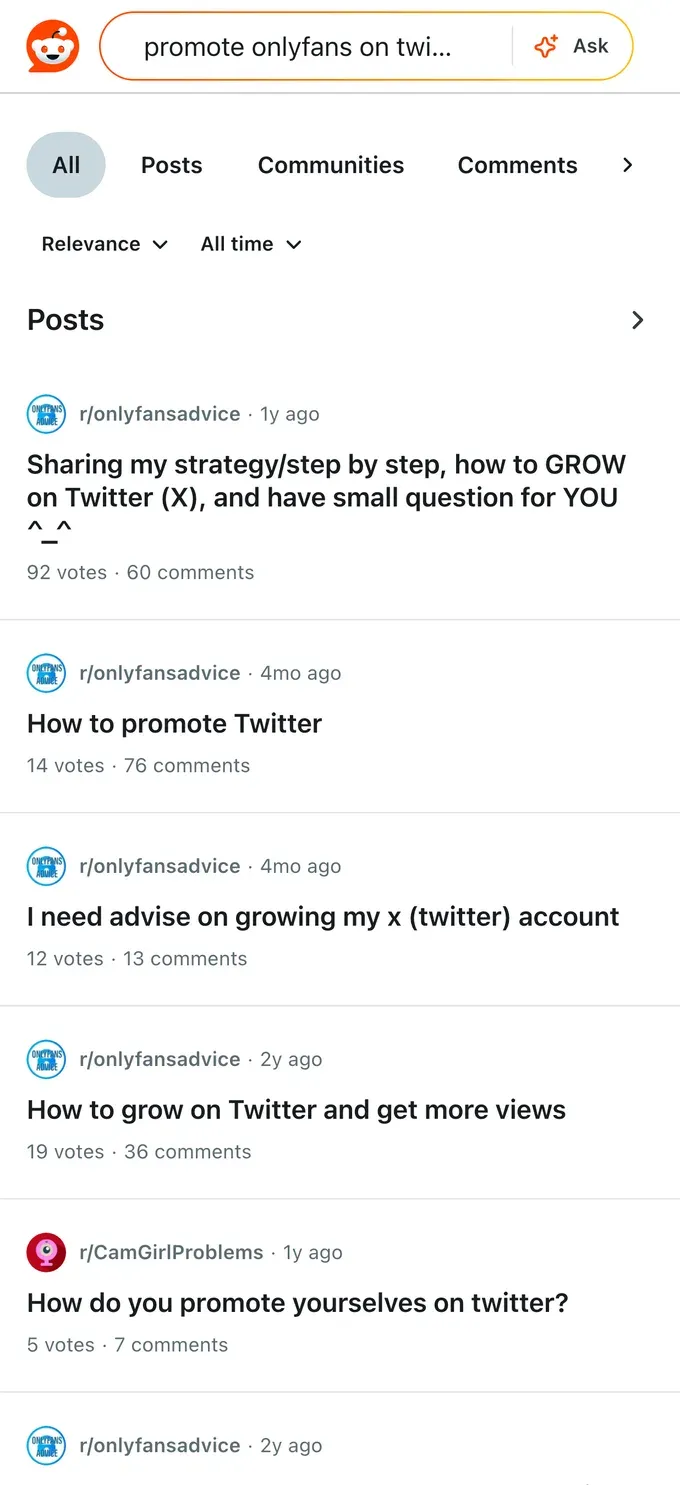 Reddit threads with step-by-step strategies for growing an OnlyFans audience on X (Twitter)