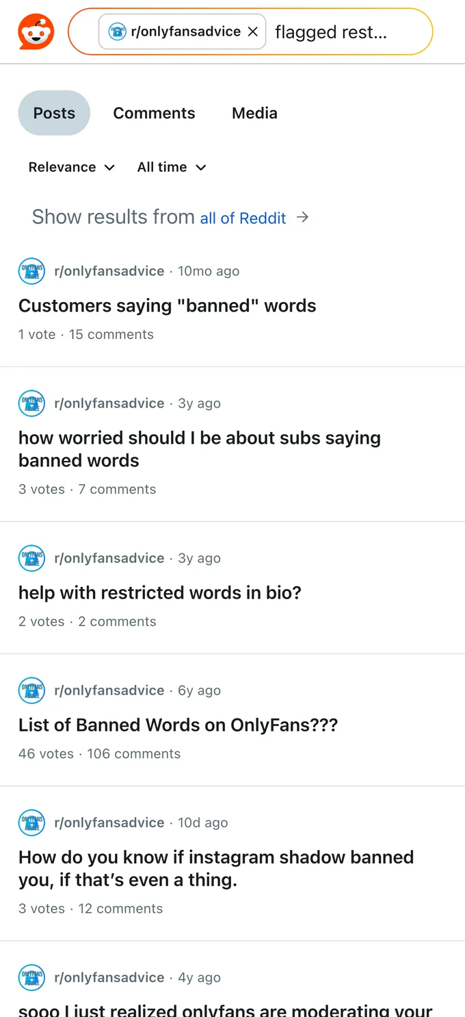 Reddit search about OnlyFans restricted and banned words