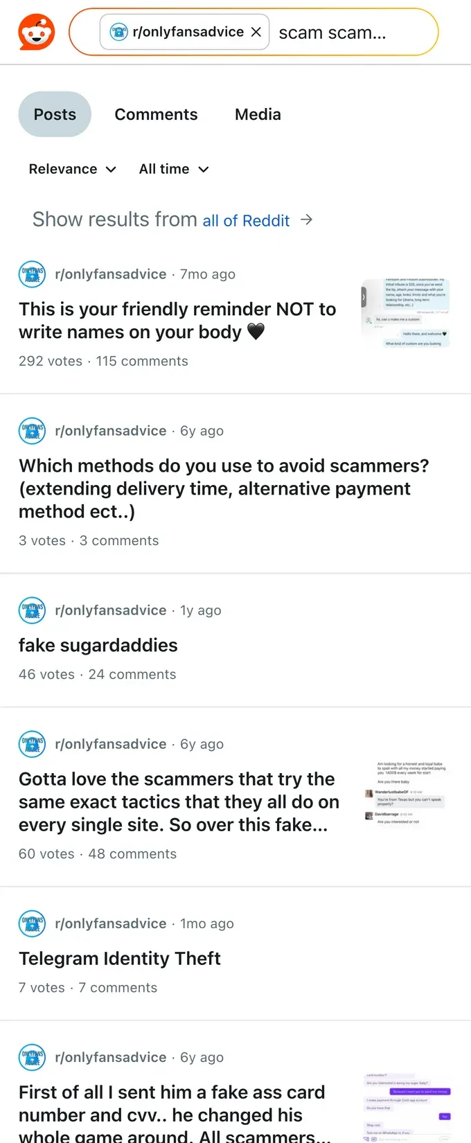 Reddit threads where creators warn each other about common OnlyFans scams