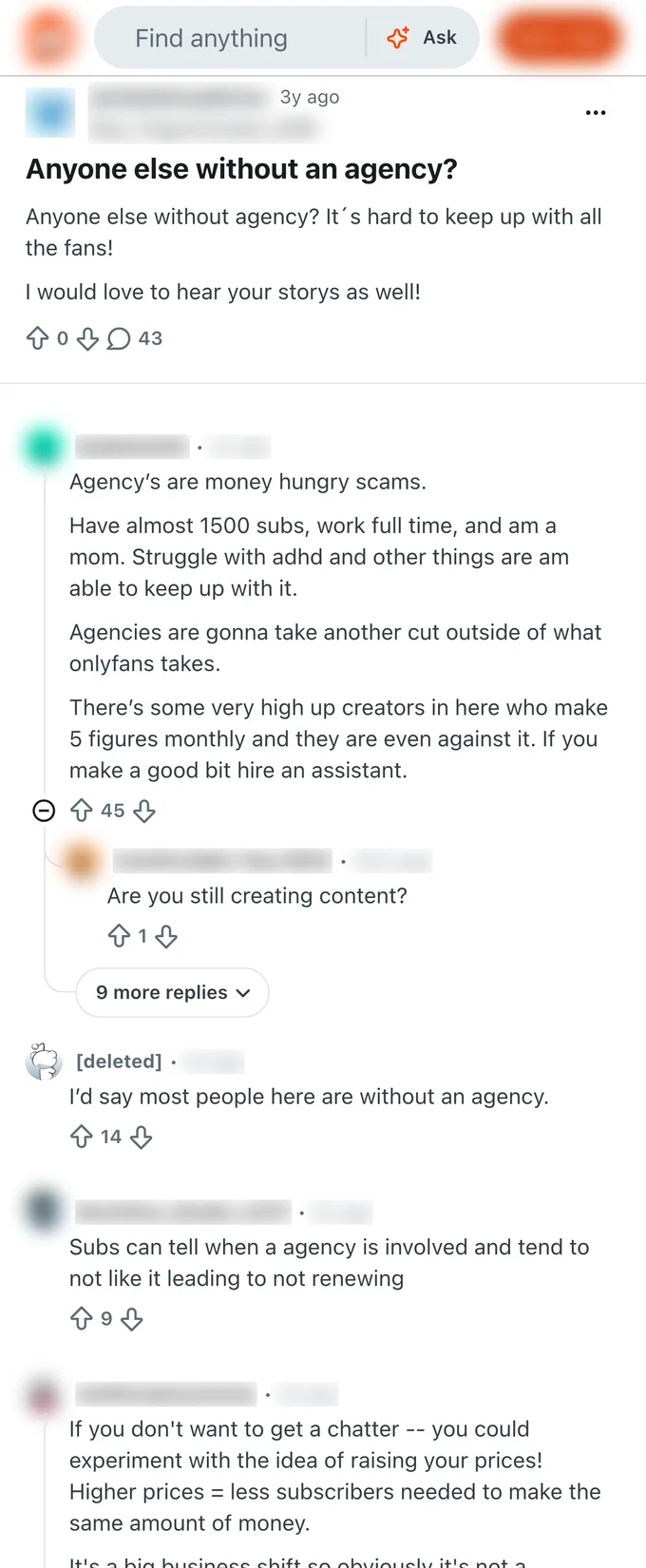 Reddit thread from r/onlyfansadvice where creators say they run their page without an agency