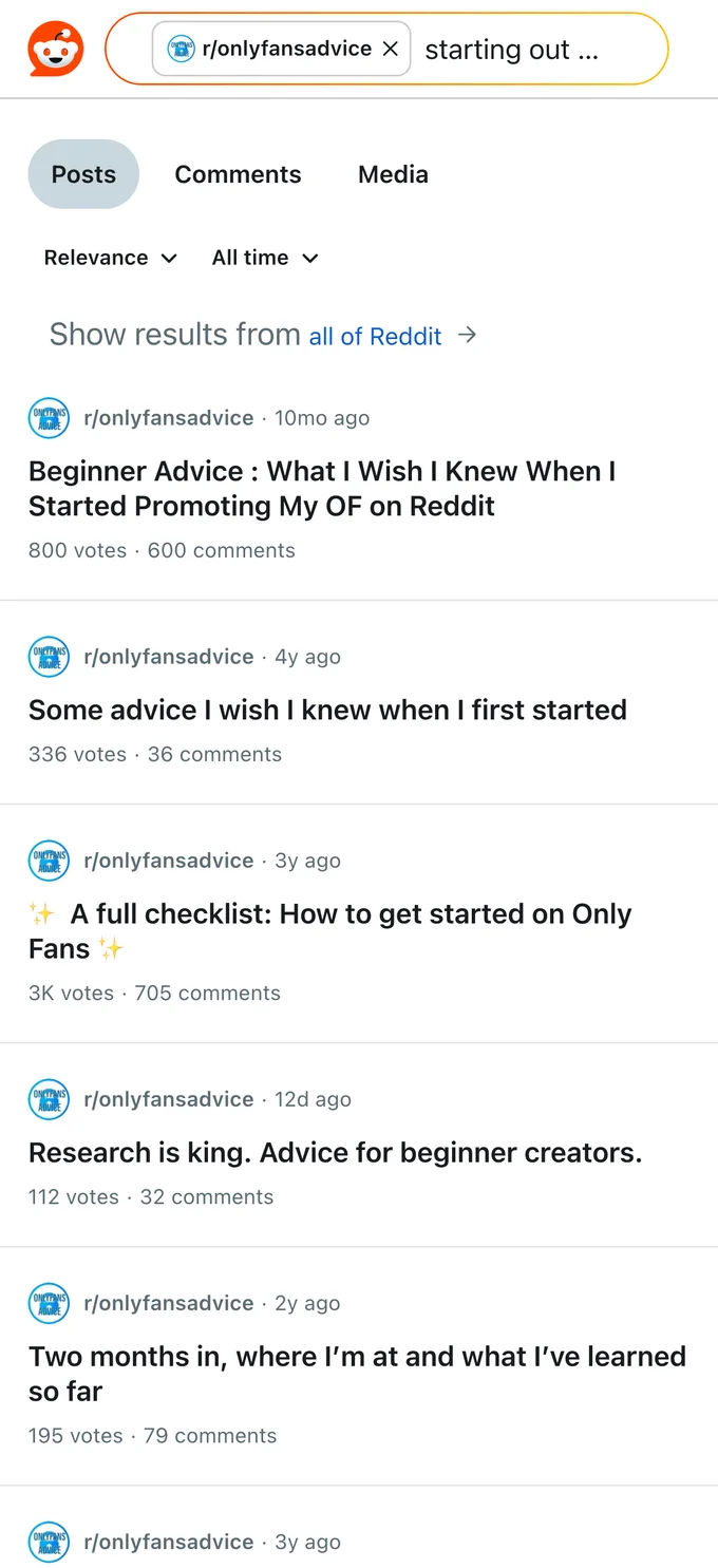 Reddit search full of OnlyFans getting-started checklists and beginner advice