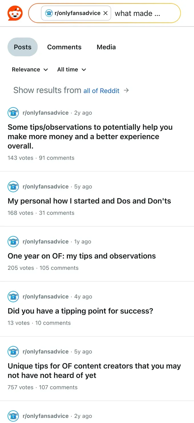 Reddit threads where established creators share the tips and habits that made them successful