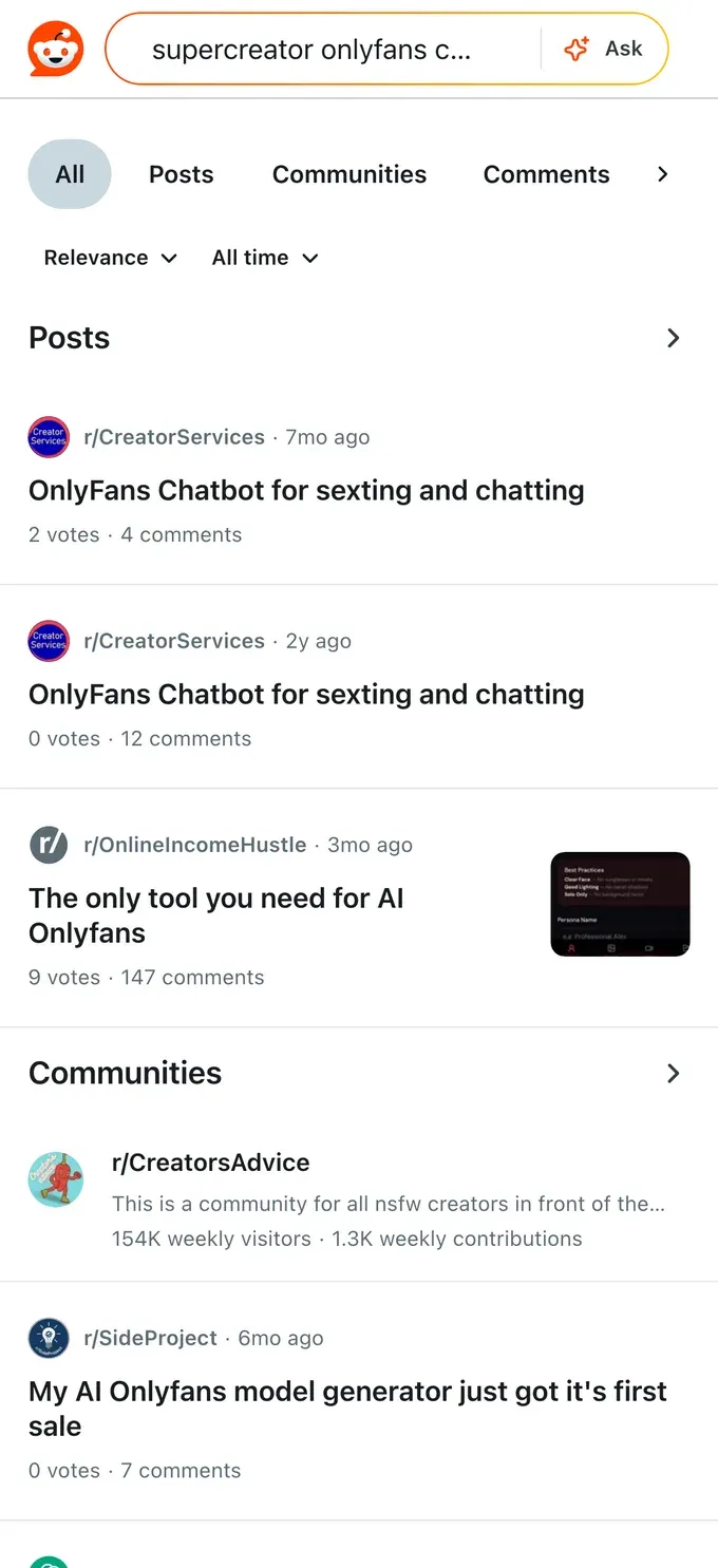 Reddit threads discussing OnlyFans chatbots and AI chatting tools