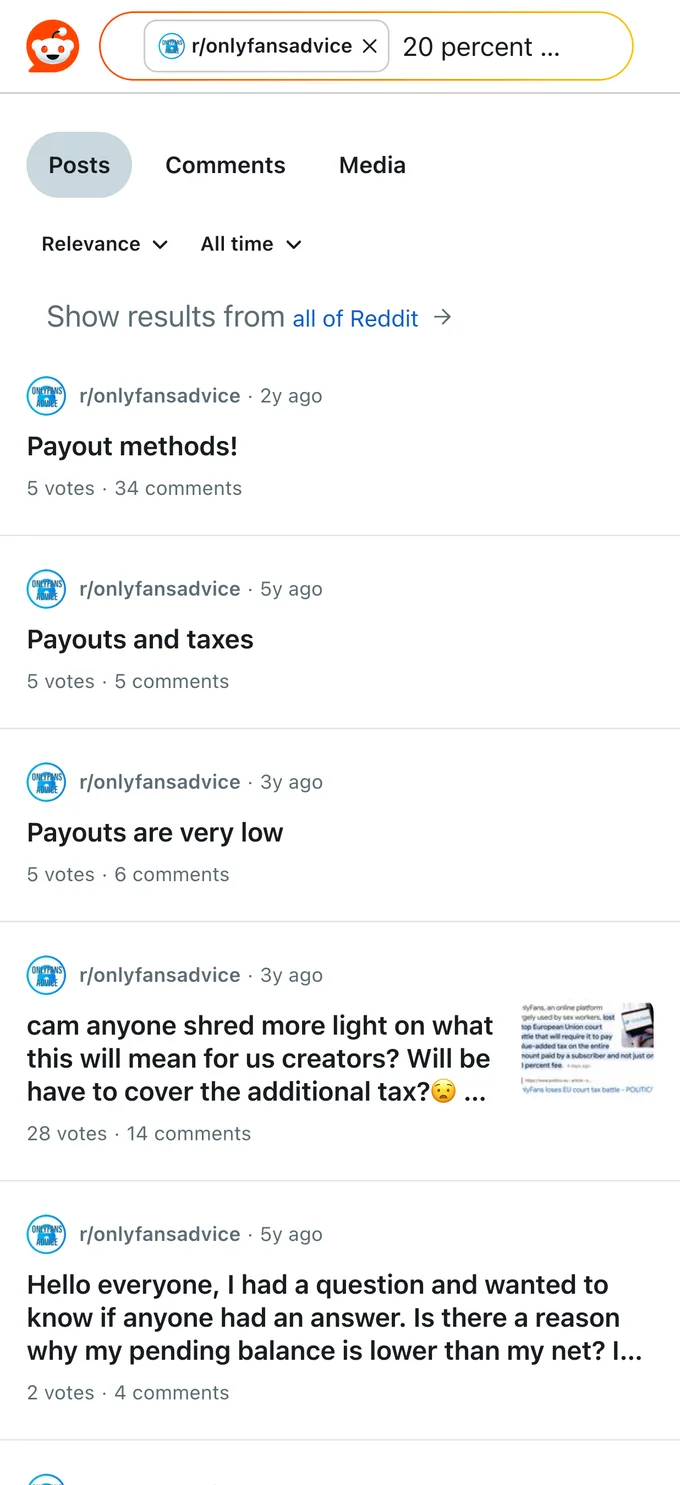 Reddit search about OnlyFans payouts, taxes and the platform's cut