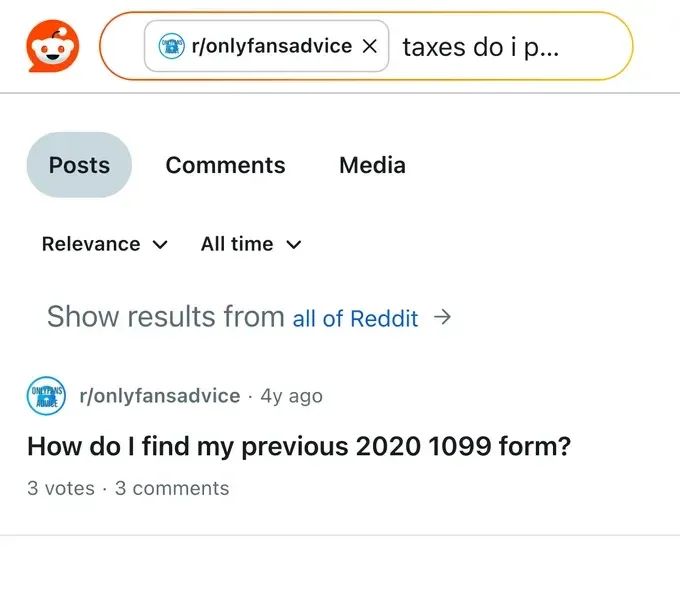 Reddit threads where creators ask about OnlyFans taxes, 1099 forms, and write-offs