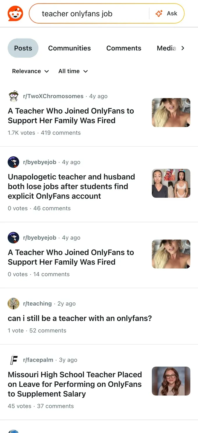 News and discussion threads about teachers who lost their jobs after their OnlyFans was discovered