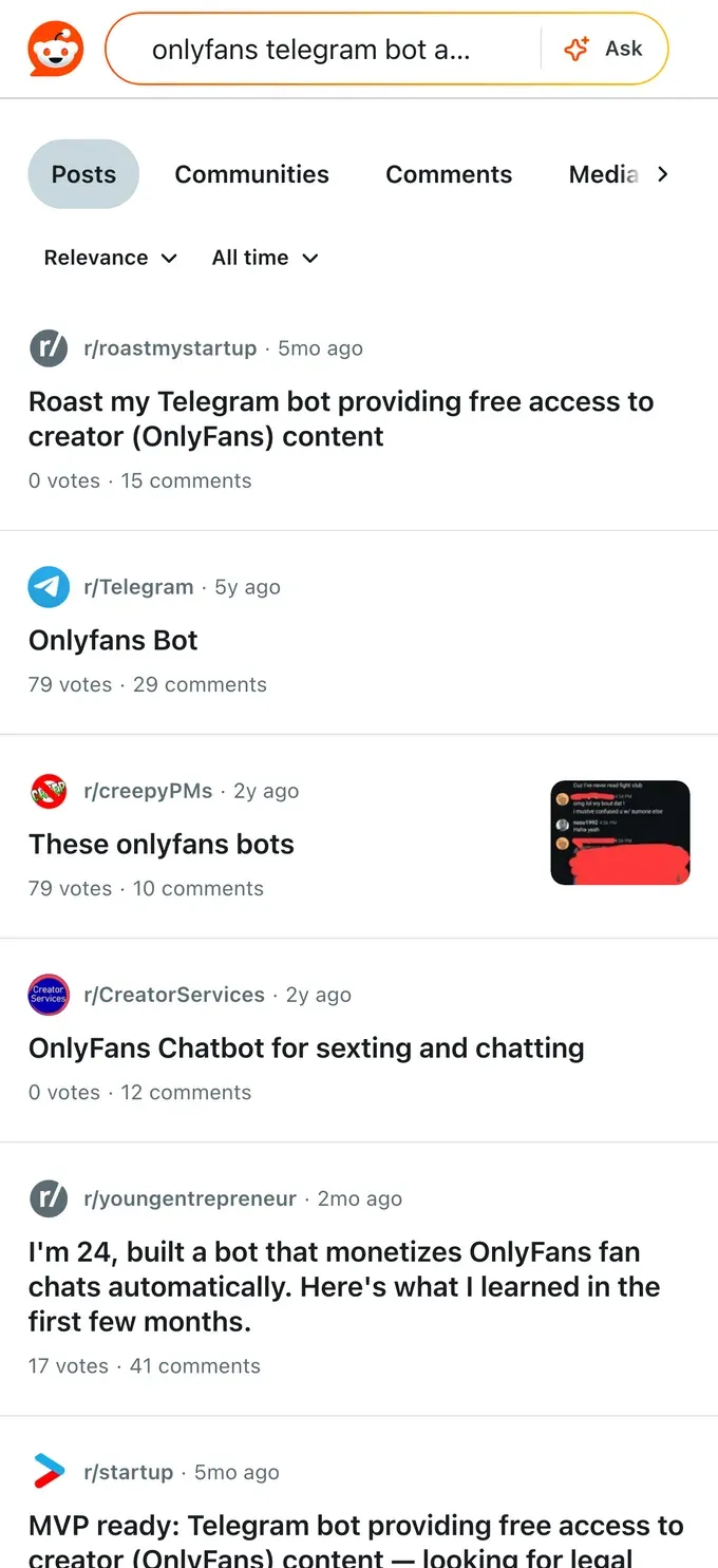 Reddit threads discussing OnlyFans Telegram bots and what they actually do