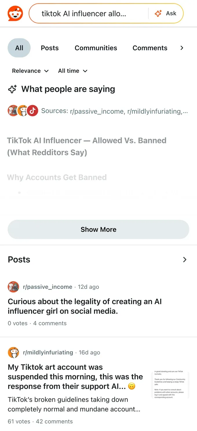 Reddit threads debating whether TikTok allows or bans AI influencer accounts