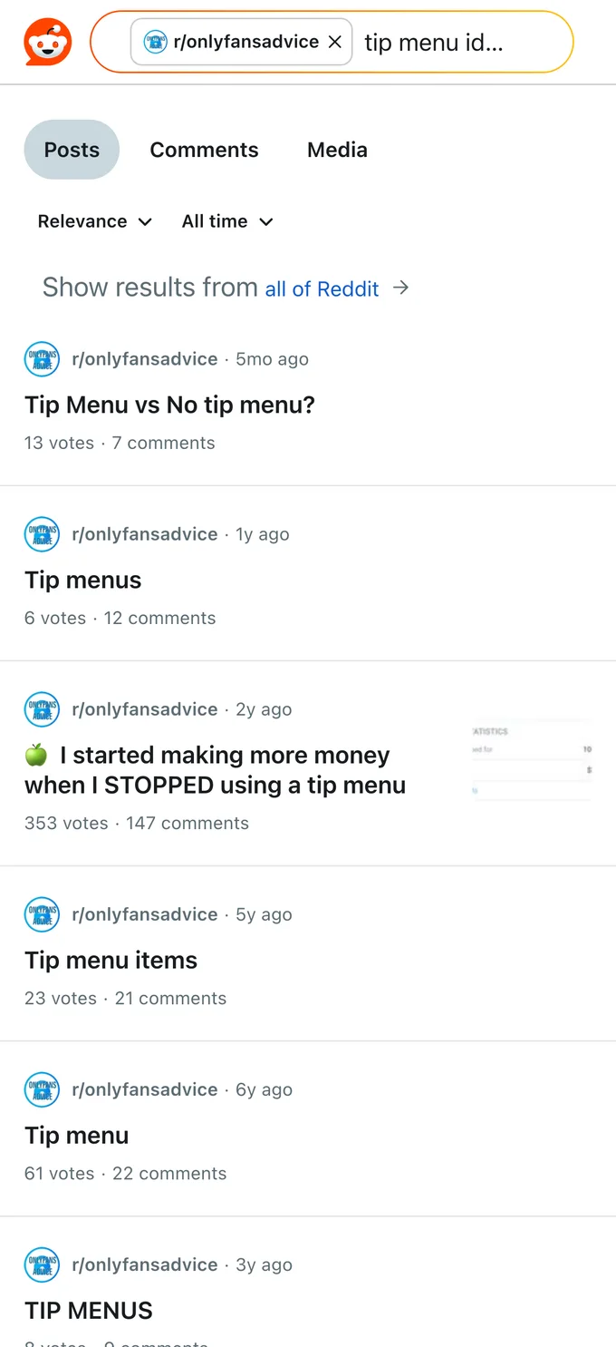Reddit search debating OnlyFans tip menus