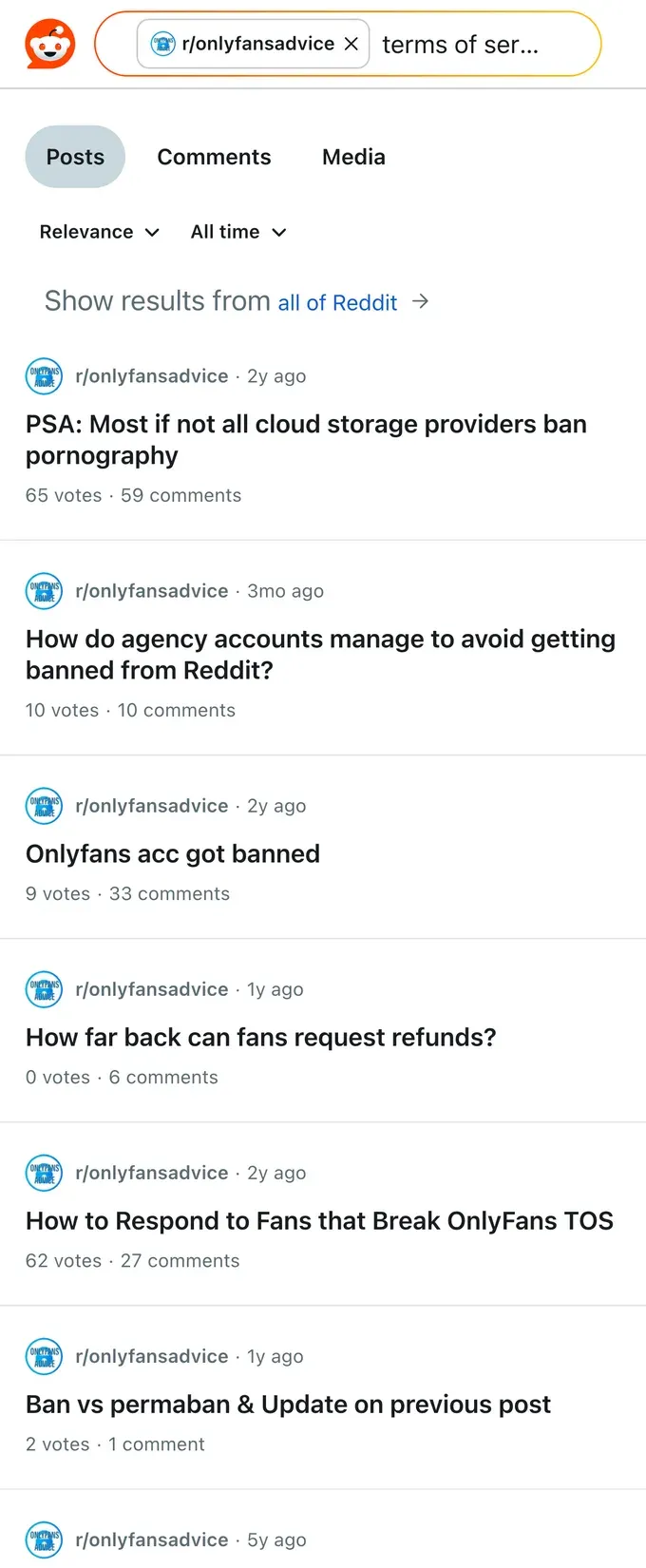 Reddit threads where creators got banned over an OnlyFans terms-of-service rule