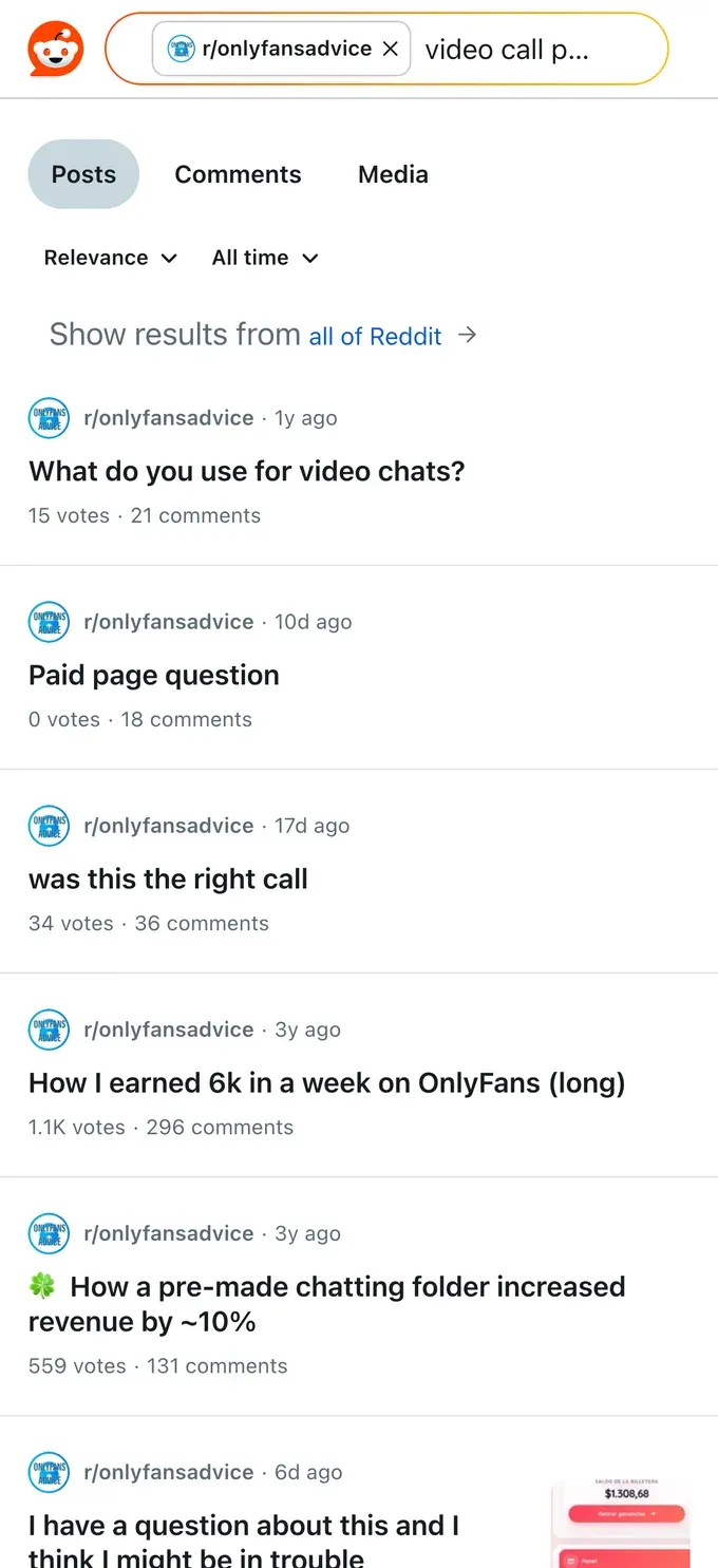 Reddit threads where creators discuss tools and logistics for paid video calls
