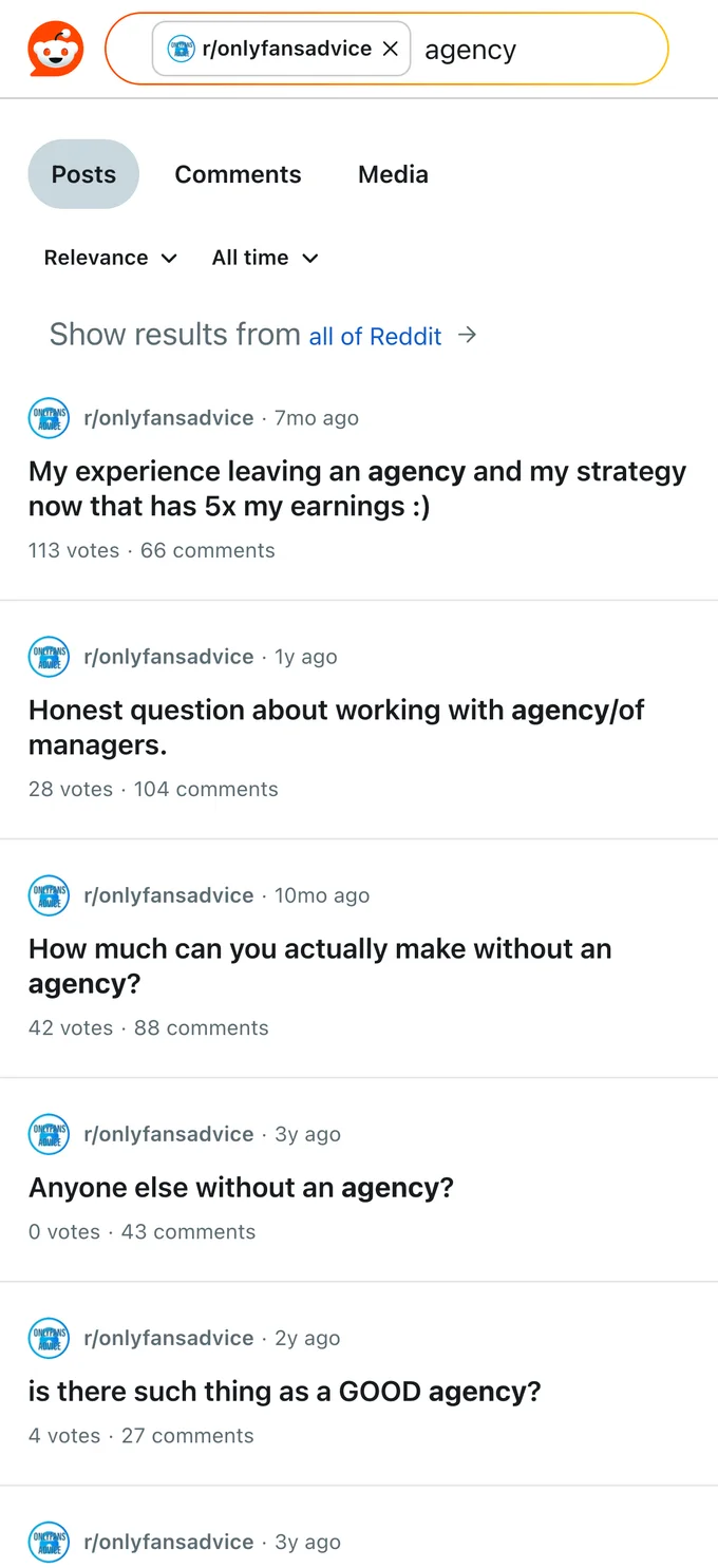 Reddit search results where creators compare working with an agency versus running solo