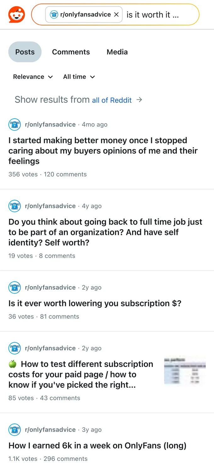 Reddit search where creators debate whether OnlyFans is worth it